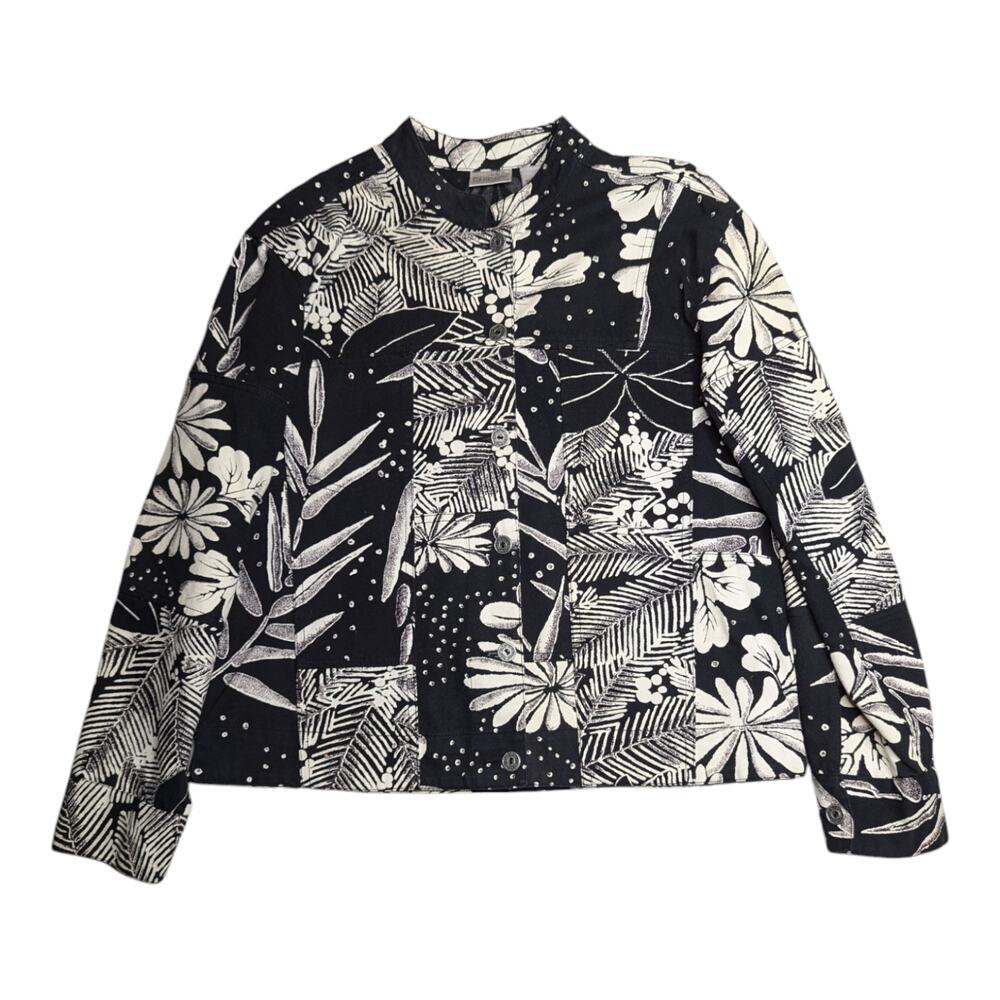 Vtg 1990s Chico's Black Ivory Illustrated Floral Button Up Cotton Jacket 1 M